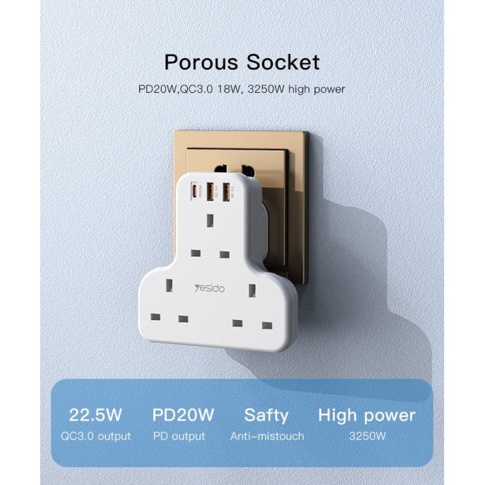 Yesido MC15 2 Meter 6 IN 1 Power Socket Hub - White