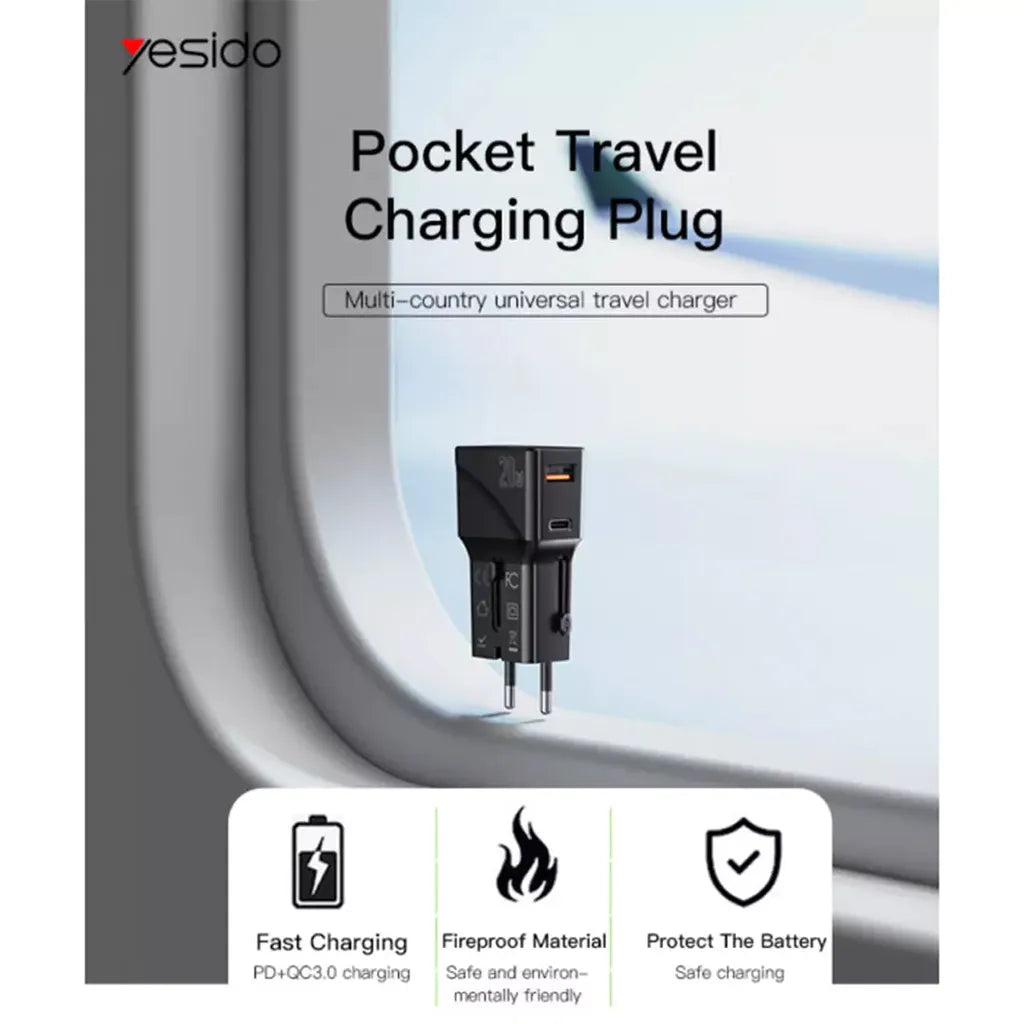 Yesido MC17 Universal Travel Charger - 20W / USB-C / USB-A / Black