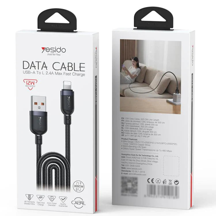 Yesido USB to 8-Pin Charging Data Cable – 3M, 12W Black
