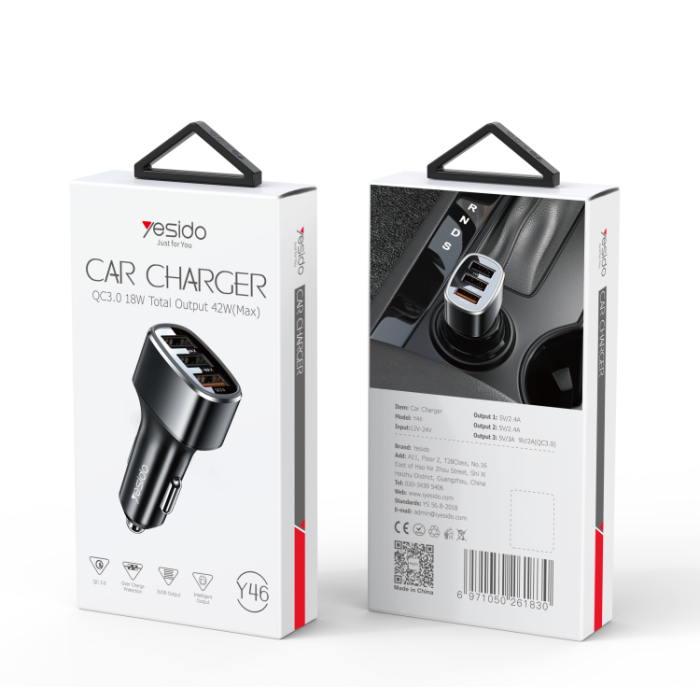 Yesido Y47 3 Ports Fast Charging Car Charger - Black