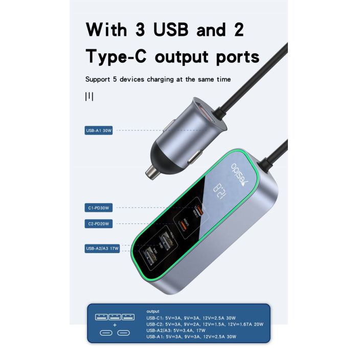 Yesido Y53 5 Ports 97W Extended Car Charger - Silver