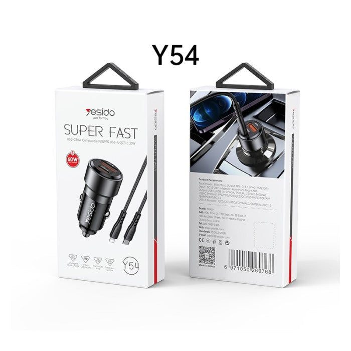 Yesido Y54 60W Fast Charging Car Charger - Black