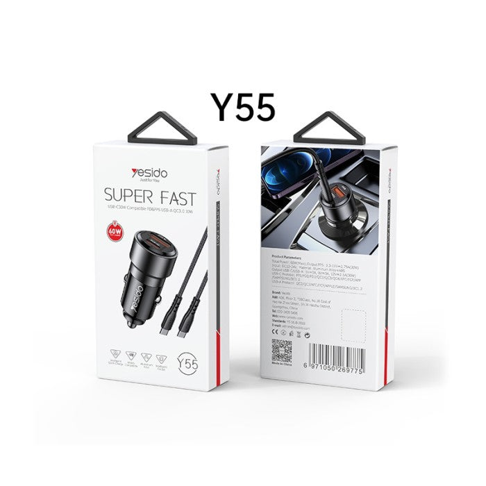 Yesido Y55 60W Fast Charging Car Charger - Black