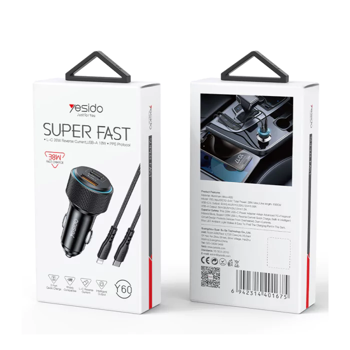 Yesido Y60 38W Car Charger - Built-in Type-C Cable