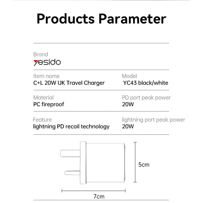 Yesido YC43 20W Fast Charging Charger Adapter - Black