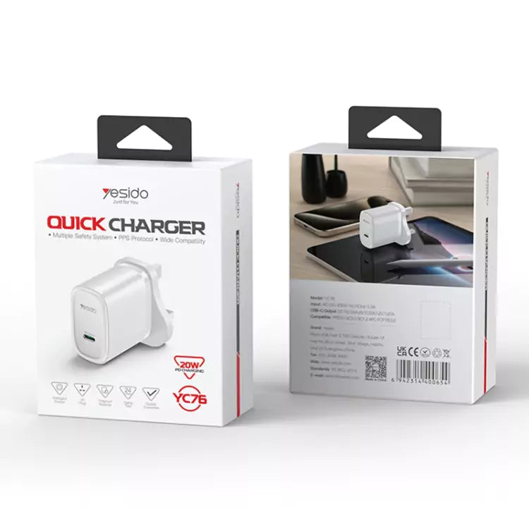 Yesido YC76BC 20W USB-C Fast Charger - Includes Type-C Cable/ White