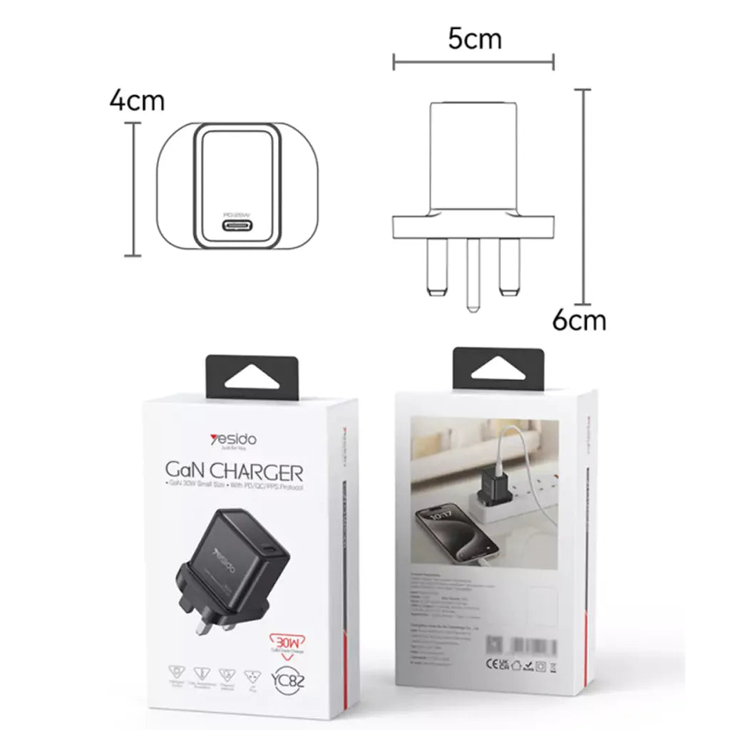 Yesido YC82 UK 30W GaN Fast Charger - Type-C PD Wall Adapter
