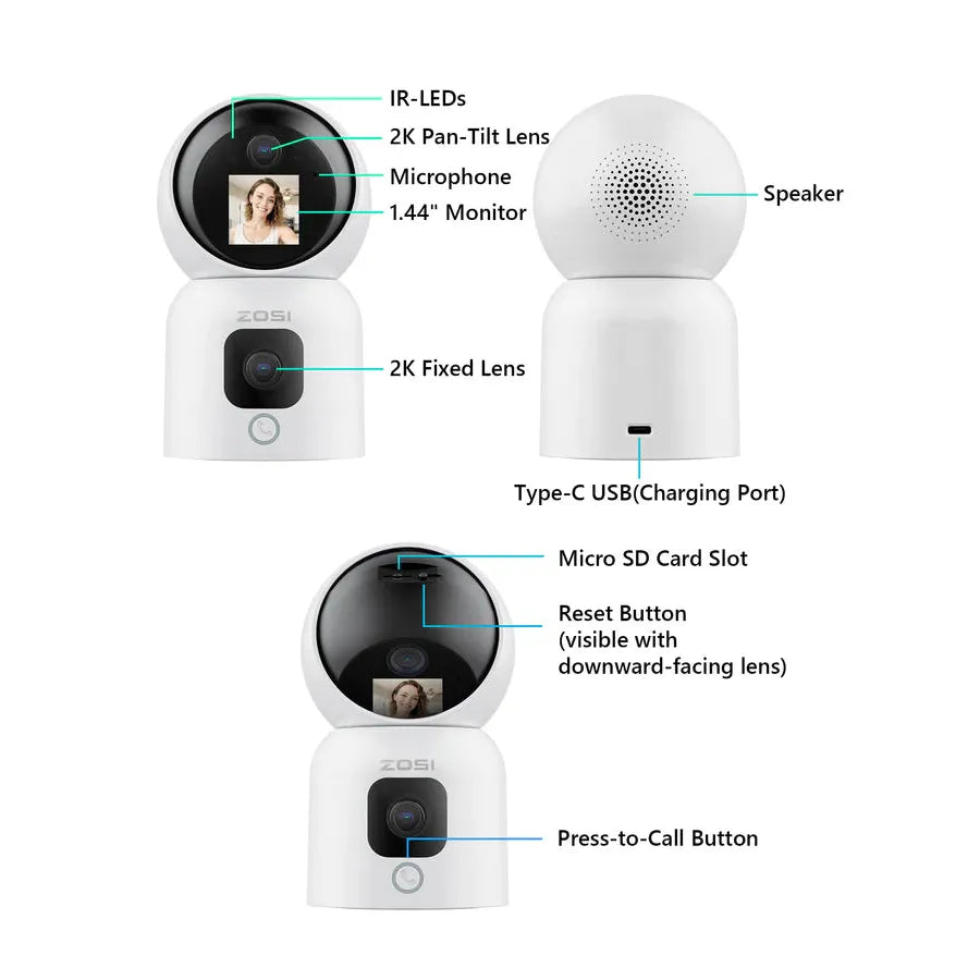 ZOSI C528M Indoor Camera With Dual Lens - 3 + 3 MP / Two-Way Audio / Human detection