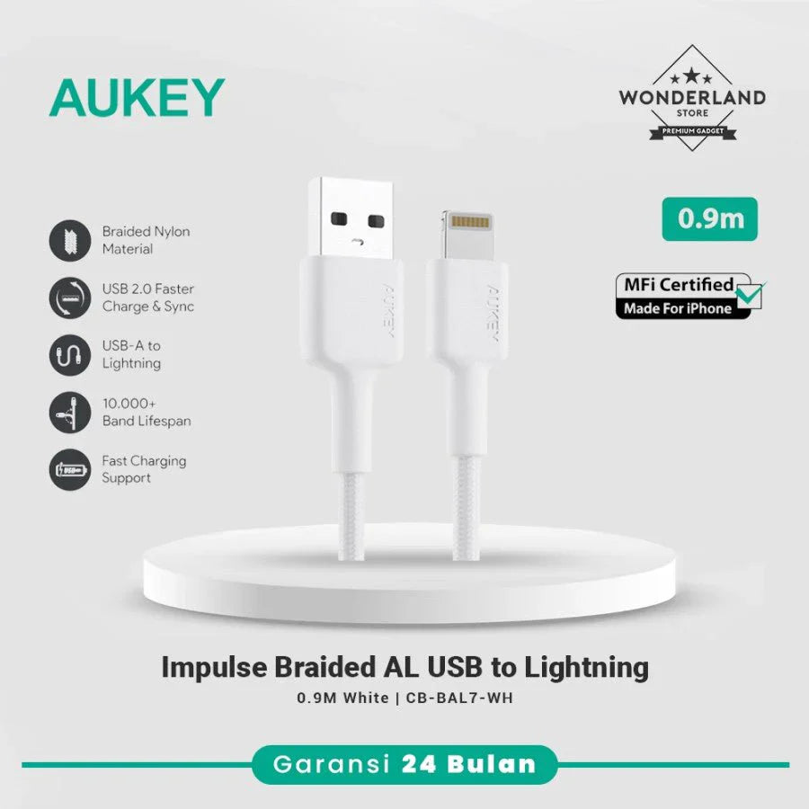 Aukey Nylon Braided Usb A To Lightning Cable - White