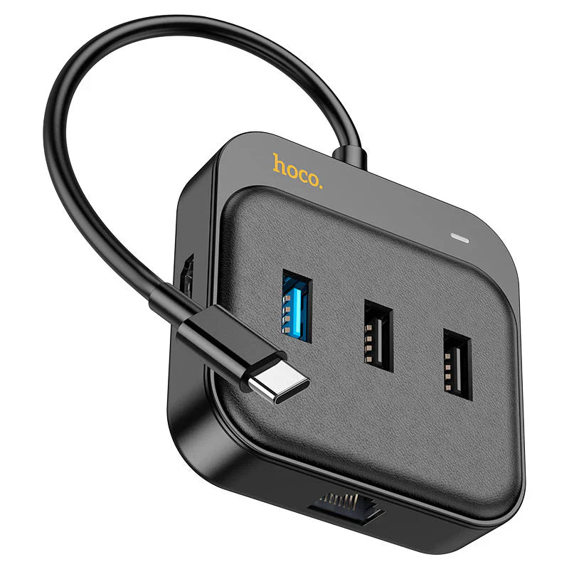 HOCO HB37 6 in 1 HDTV+RJ45+USB3.0+USB2.0x2+PD100W Converter - Black