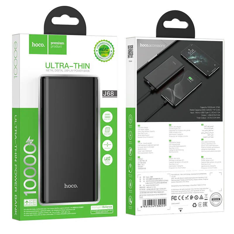 Hoco J68 Resourceful 10000mAh Power Bank – Dual Output | Compact - Black