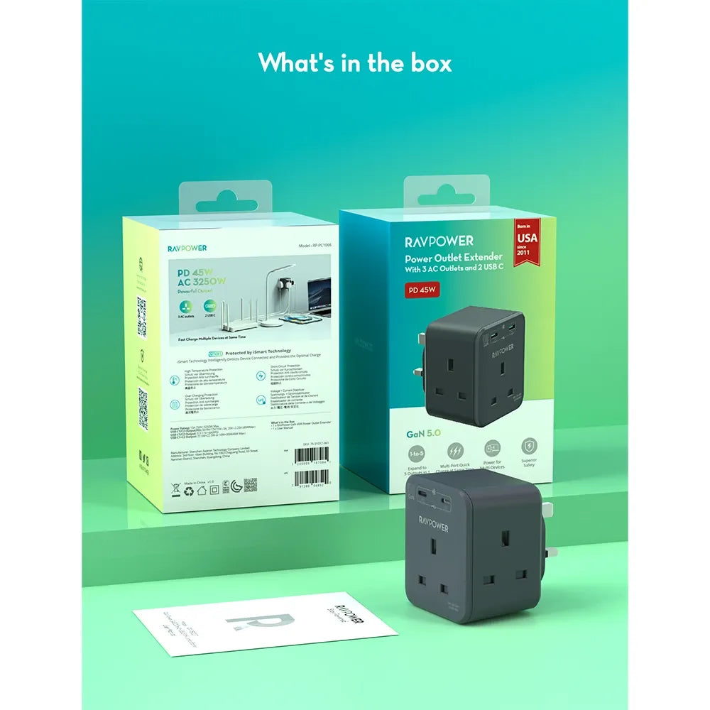 Ravpower Rp-Pc1066 Gan 45W Extender With 3 Ac Outlets And 2 Usb c