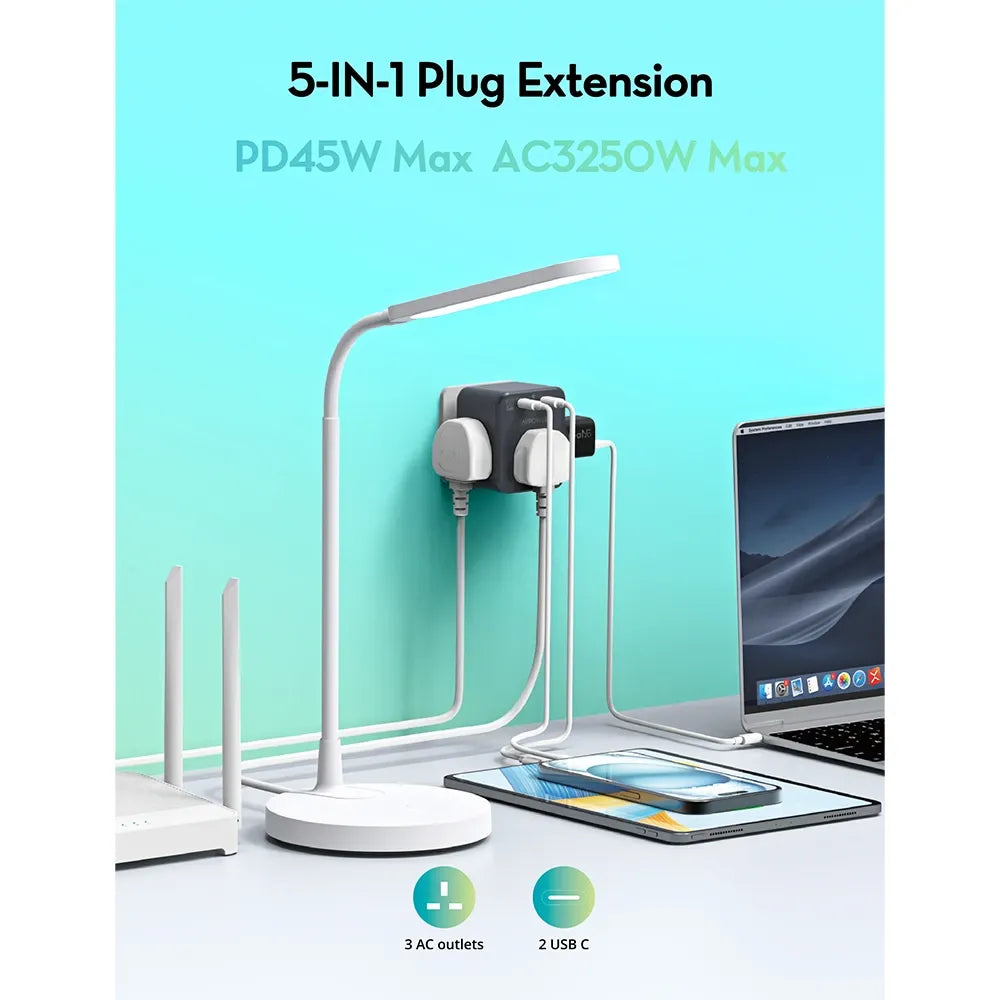 Ravpower Rp-Pc1066 Gan 45W Extender With 3 Ac Outlets And 2 Usb c