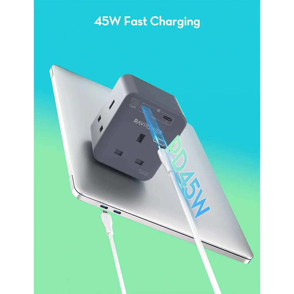 Ravpower Rp-Pc1066 Gan 45W Extender With 3 Ac Outlets And 2 Usb c
