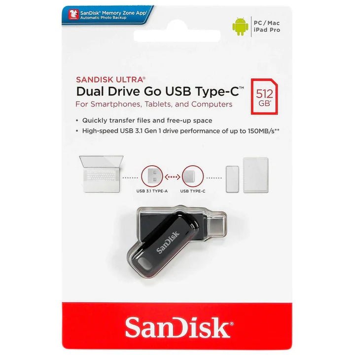 SanDisk Ultra Dual Drive Go Flash Drive - 512GB / Up to 400MB/s / USB 3.2 Gen 1 / Type-C / Black