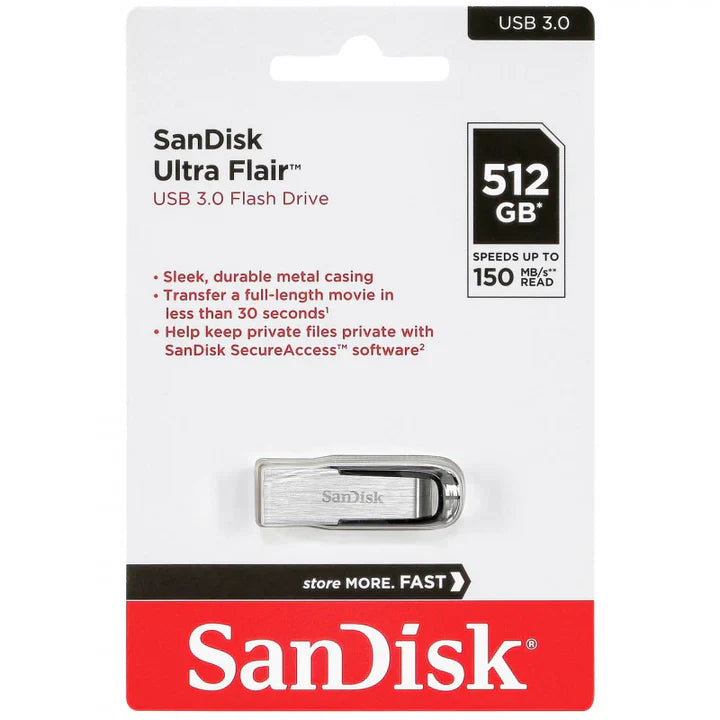 SanDisk Ultra Flair Flash Drive - 512GB / Up to 400 MB/s / USB 3.0 / Black and Silver